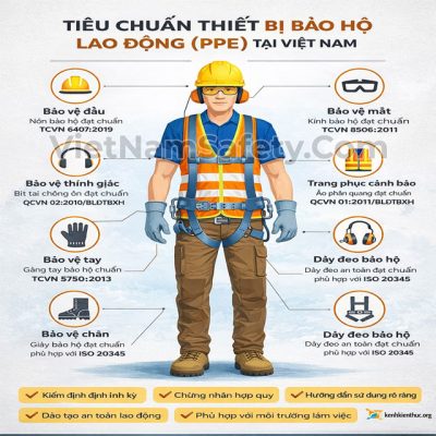 Tiêu chuẩn thiết bị bảo hộ lao động PPE tại Việt Nam gồm nón bảo hộ, giày bảo hộ, găng tay, kính bảo hộ và dây đai an toàn